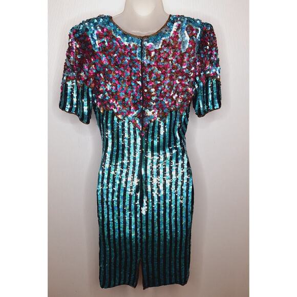 Vintage 80's La Scala Beaded Sequined Evening Dress Silk Party M Striped Glam - Picture 15 of 16